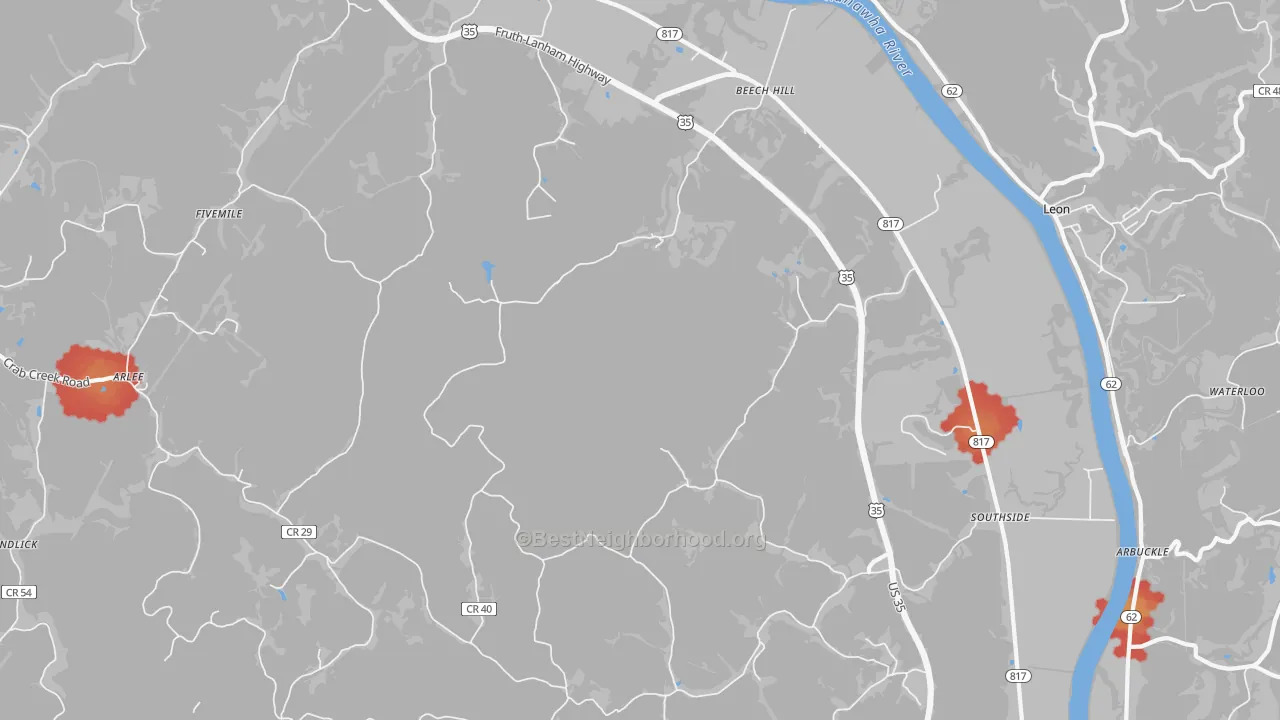 Walk Grade map of Southside, WV, walkable areas in green and car-dependent areas in red