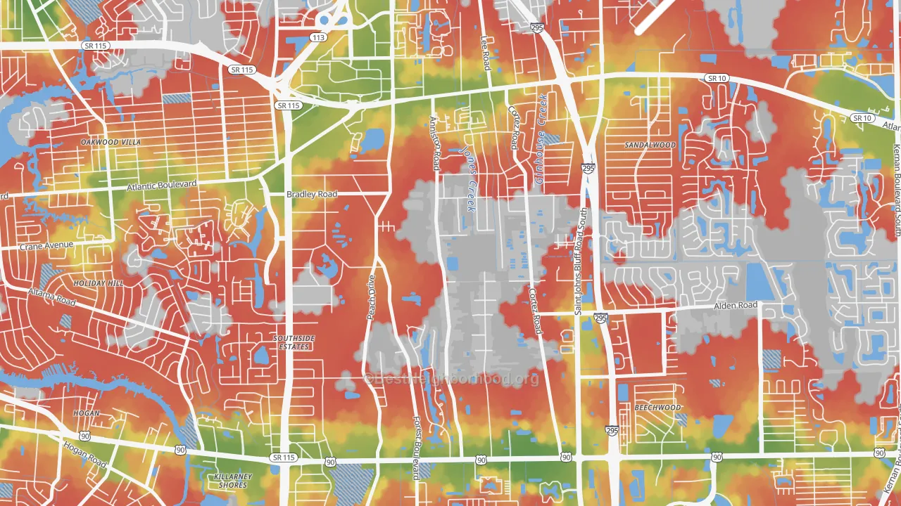 Walk Grade map of Southsuide Estates, Jacksonville, FL, walkable areas in green and car-dependent areas in red