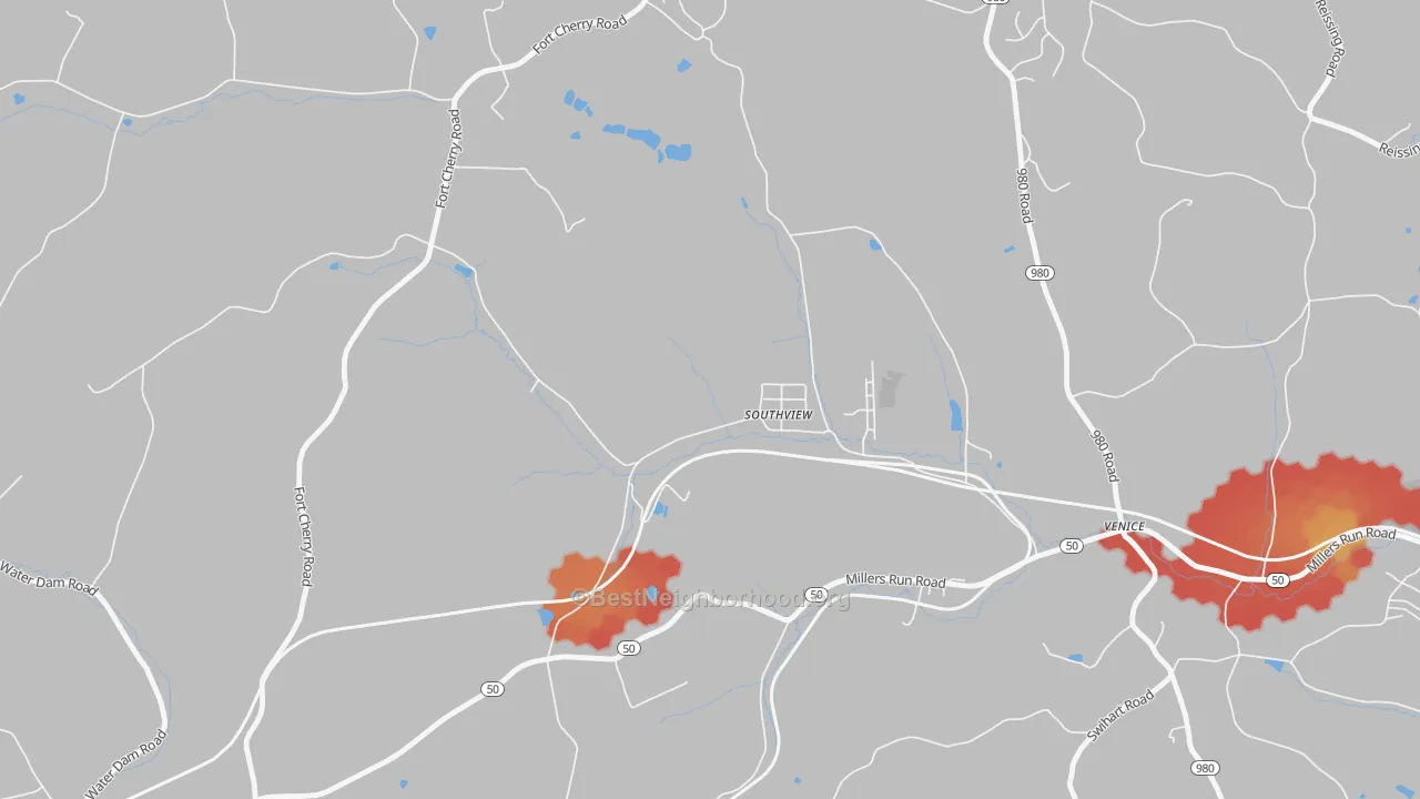 Walk Grade map of Southview, PA, walkable areas in green and car-dependent areas in red