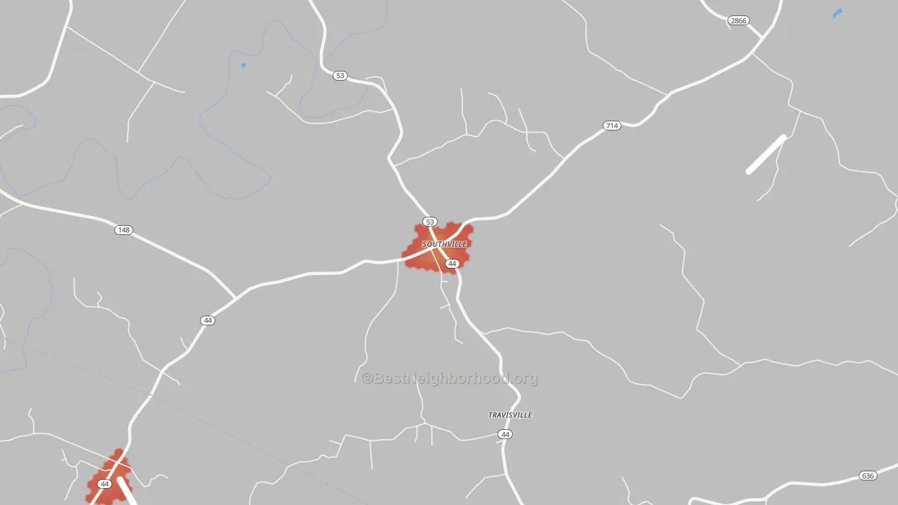 Walk Grade map of Southville, KY, walkable areas in green and car-dependent areas in red