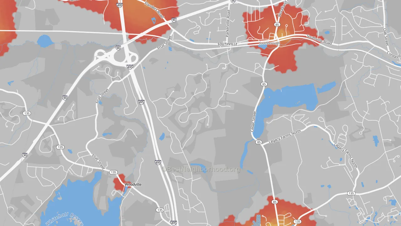 Walk Grade map of Southville, MA, walkable areas in green and car-dependent areas in red