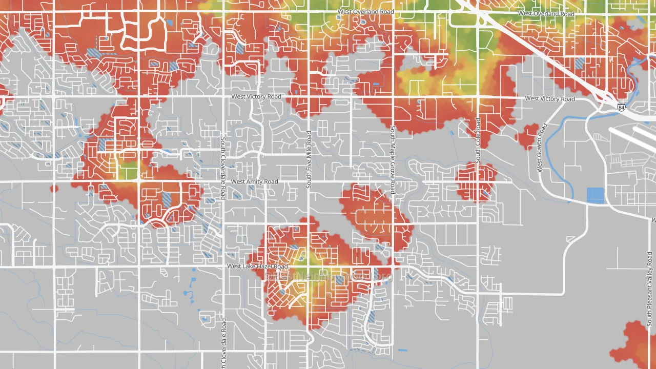 Walk Grade map of Southwest Ada, Boise, ID, walkable areas in green and car-dependent areas in red