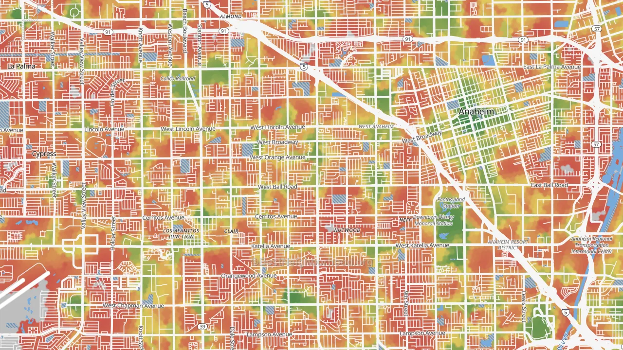 Walk Grade map of SouthWest Anaheim, Anaheim, CA, walkable areas in green and car-dependent areas in red