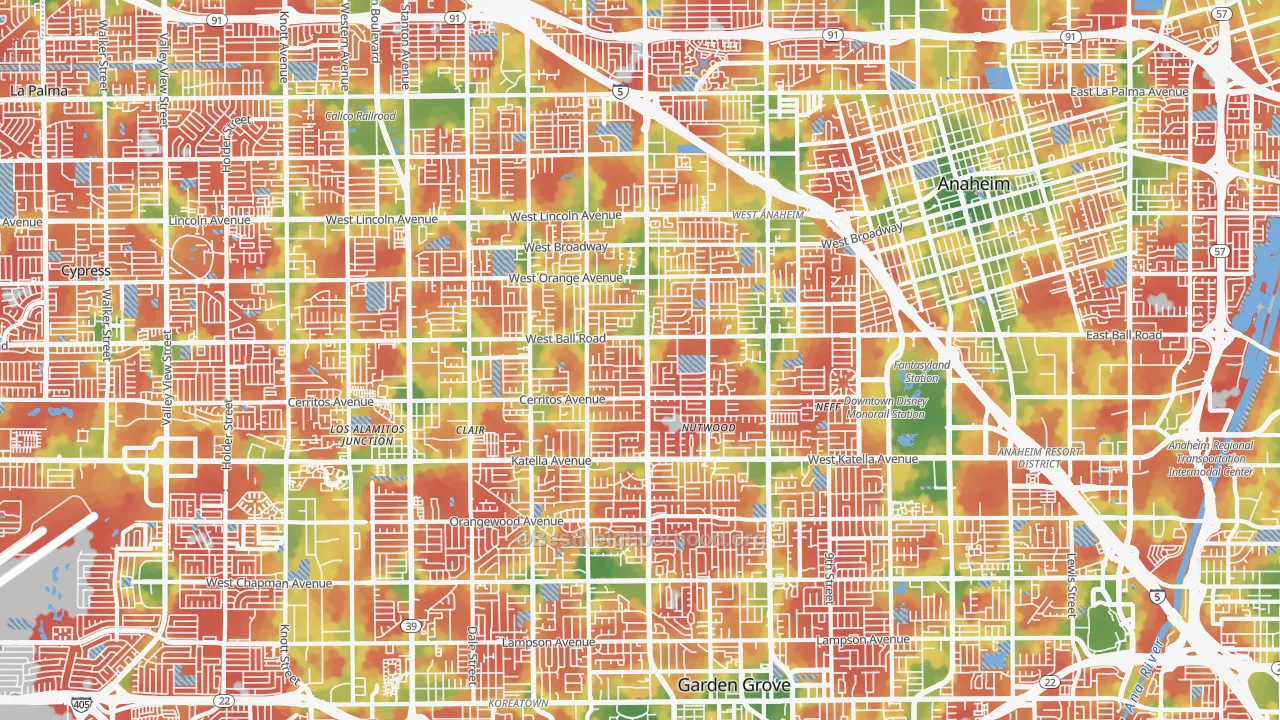 Walk Grade map of Southwest, Anaheim, CA, walkable areas in green and car-dependent areas in red