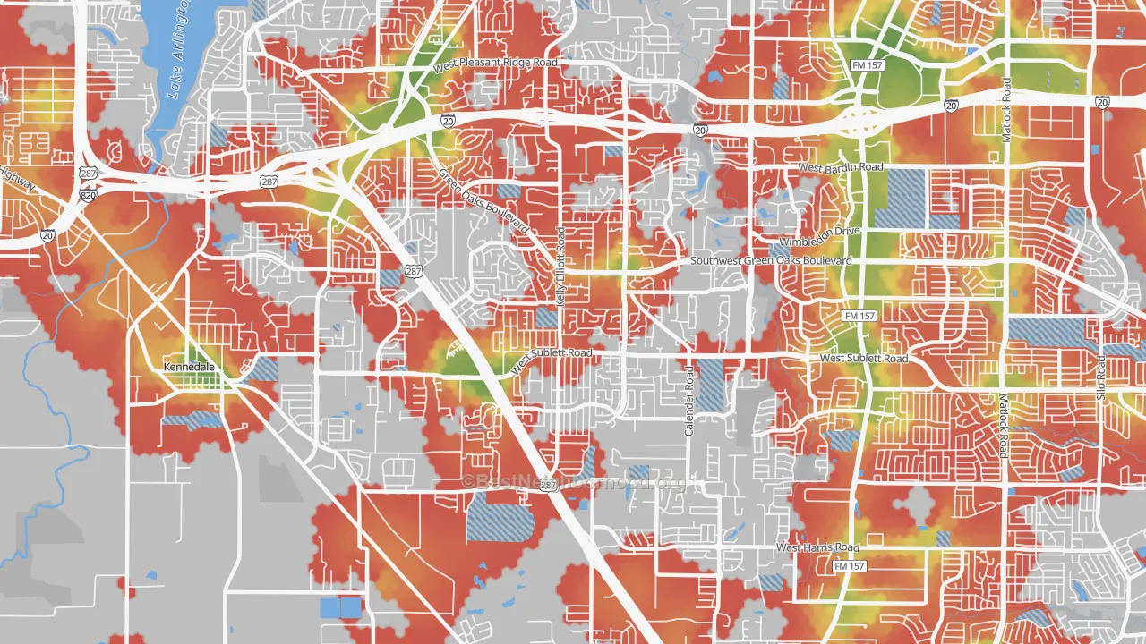 Walk Grade map of Southwest Arlington, Arlington, TX, walkable areas in green and car-dependent areas in red