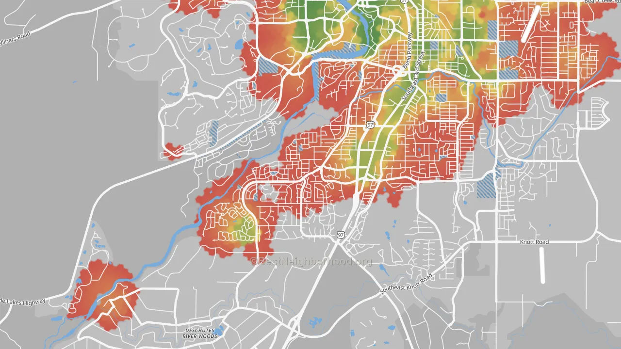 Walk Grade map of Southwest Bend, Bend, OR, walkable areas in green and car-dependent areas in red