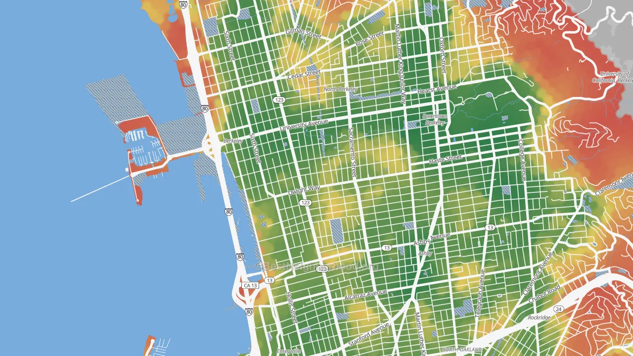 Walk Grade map of SouthWest Berkeley, Berkeley, CA, walkable areas in green and car-dependent areas in red