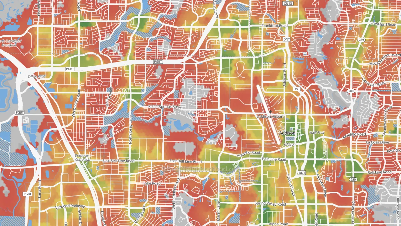 Walk Grade map of Southwest Carrollton, Carrollton, TX, walkable areas in green and car-dependent areas in red