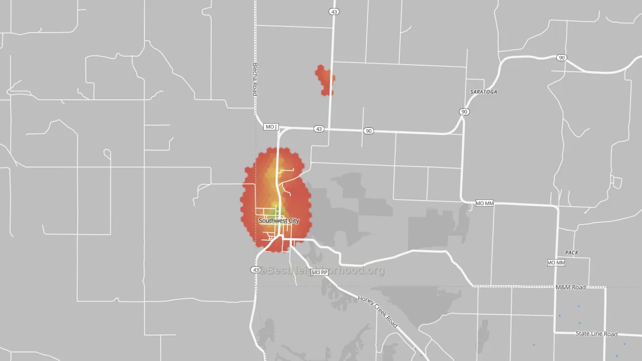 Walk Grade map of Southwest City, MO, walkable areas in green and car-dependent areas in red