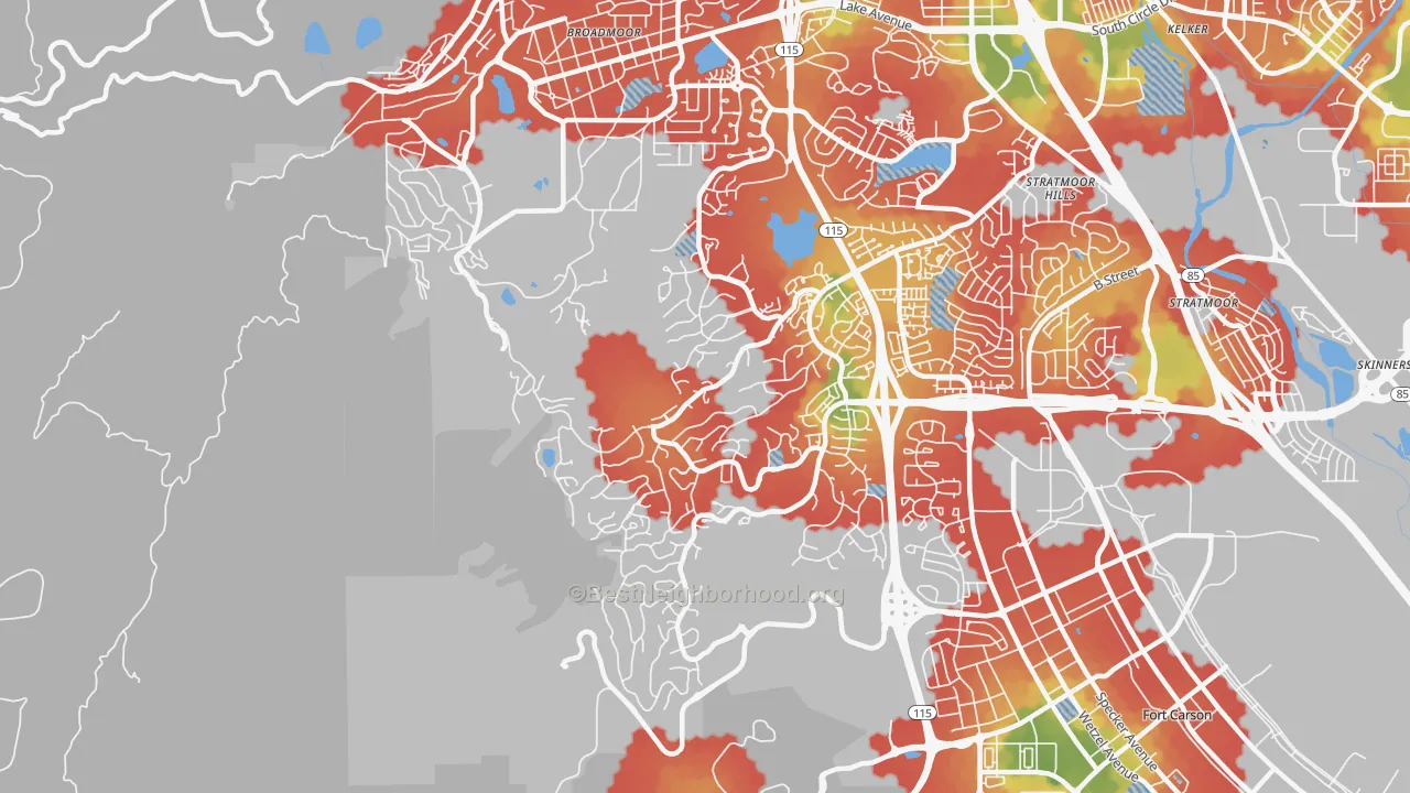 Walk Grade map of Southwest Colorado Springs, Colorado Springs, CO, walkable areas in green and car-dependent areas in red