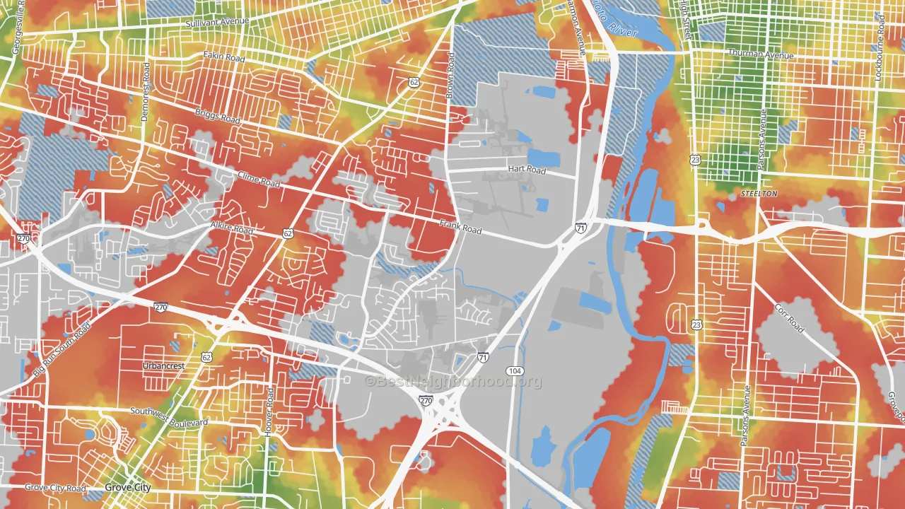 Walk Grade map of Southwest, Columbus, OH, walkable areas in green and car-dependent areas in red