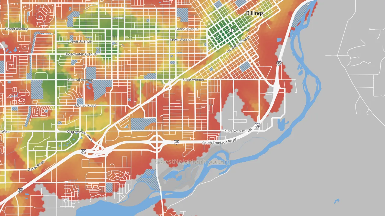 Walk Grade map of Southwest Corridor, Billings, MT, walkable areas in green and car-dependent areas in red