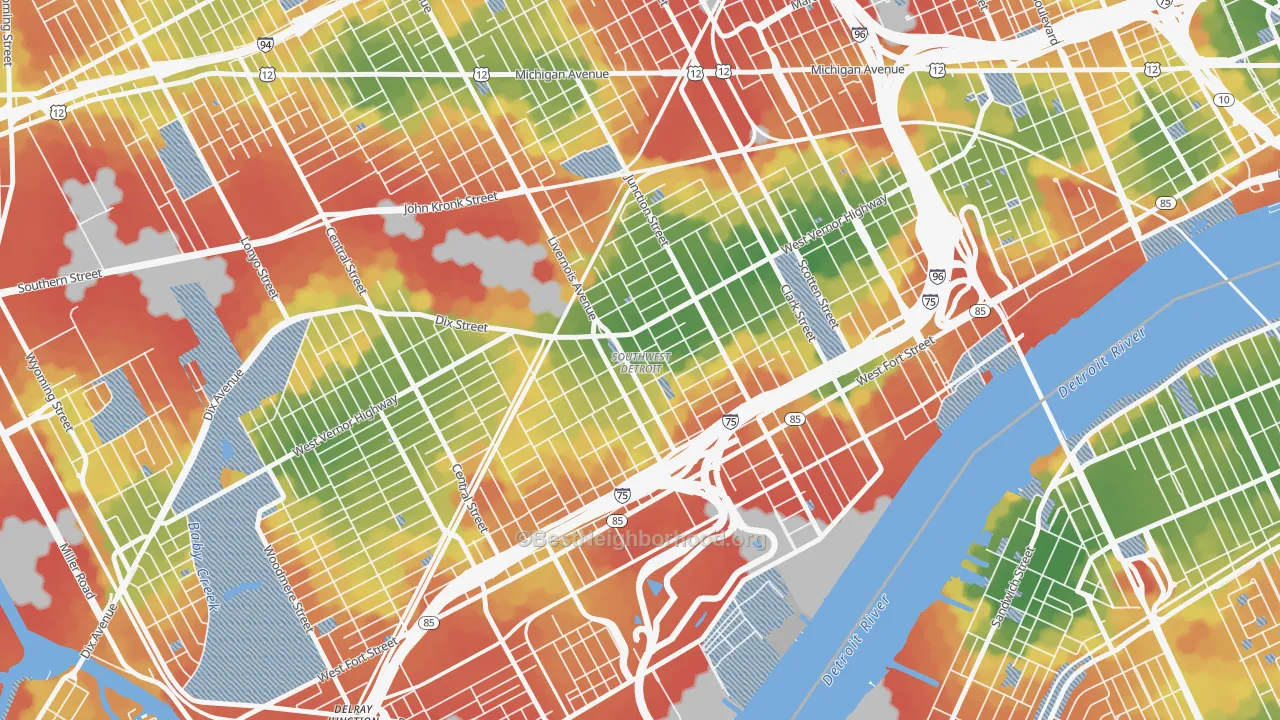 Walk Grade map of Southwest Detroit, Detroit, MI, walkable areas in green and car-dependent areas in red