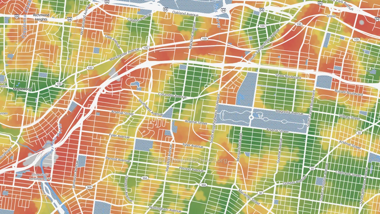 Walk Grade map of Southwest Garden, St. Louis, MO, walkable areas in green and car-dependent areas in red