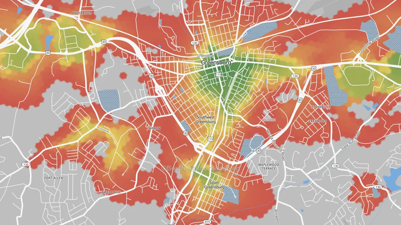 Walk Grade map of Southwest Greensburg, PA, walkable areas in green and car-dependent areas in red