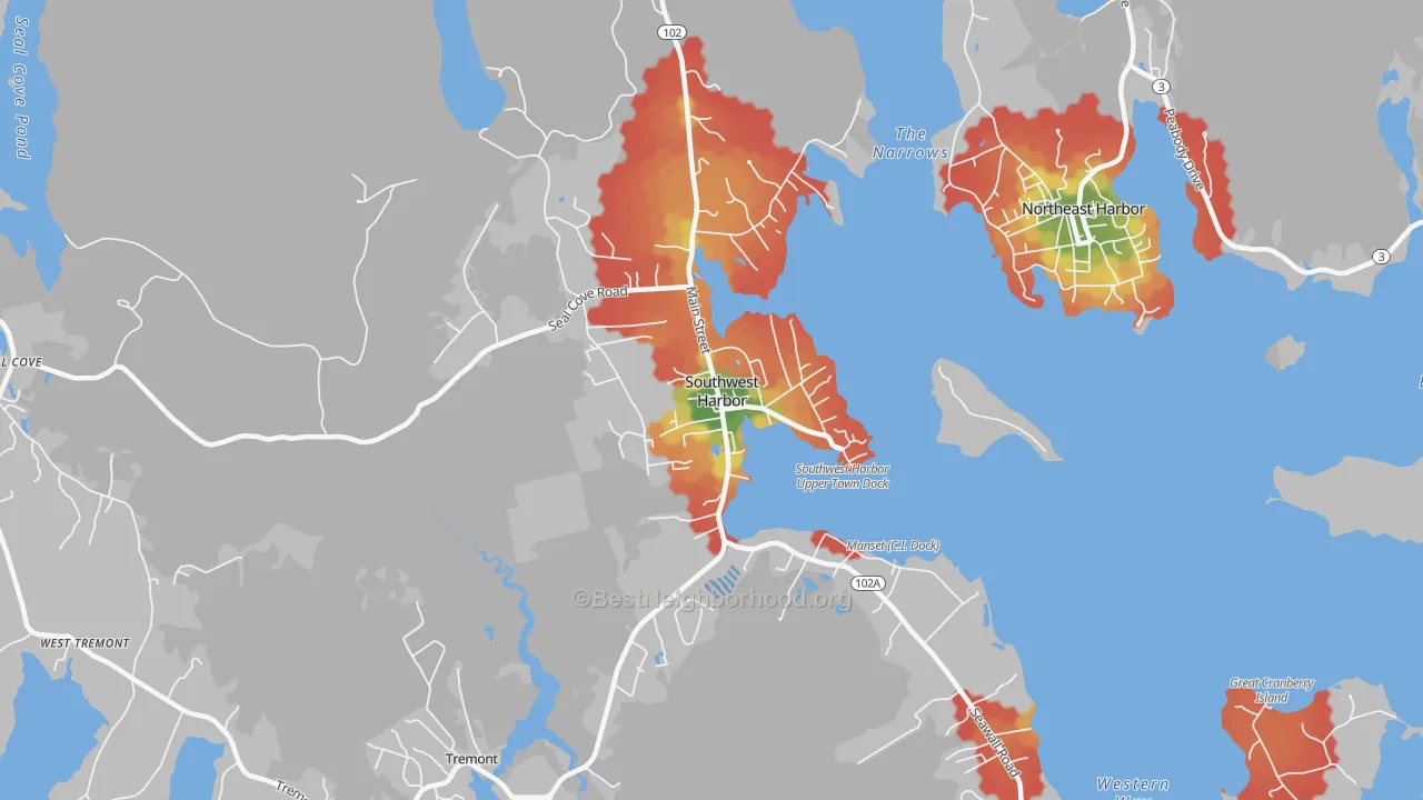 Walk Grade map of Southwest Harbor, ME, walkable areas in green and car-dependent areas in red