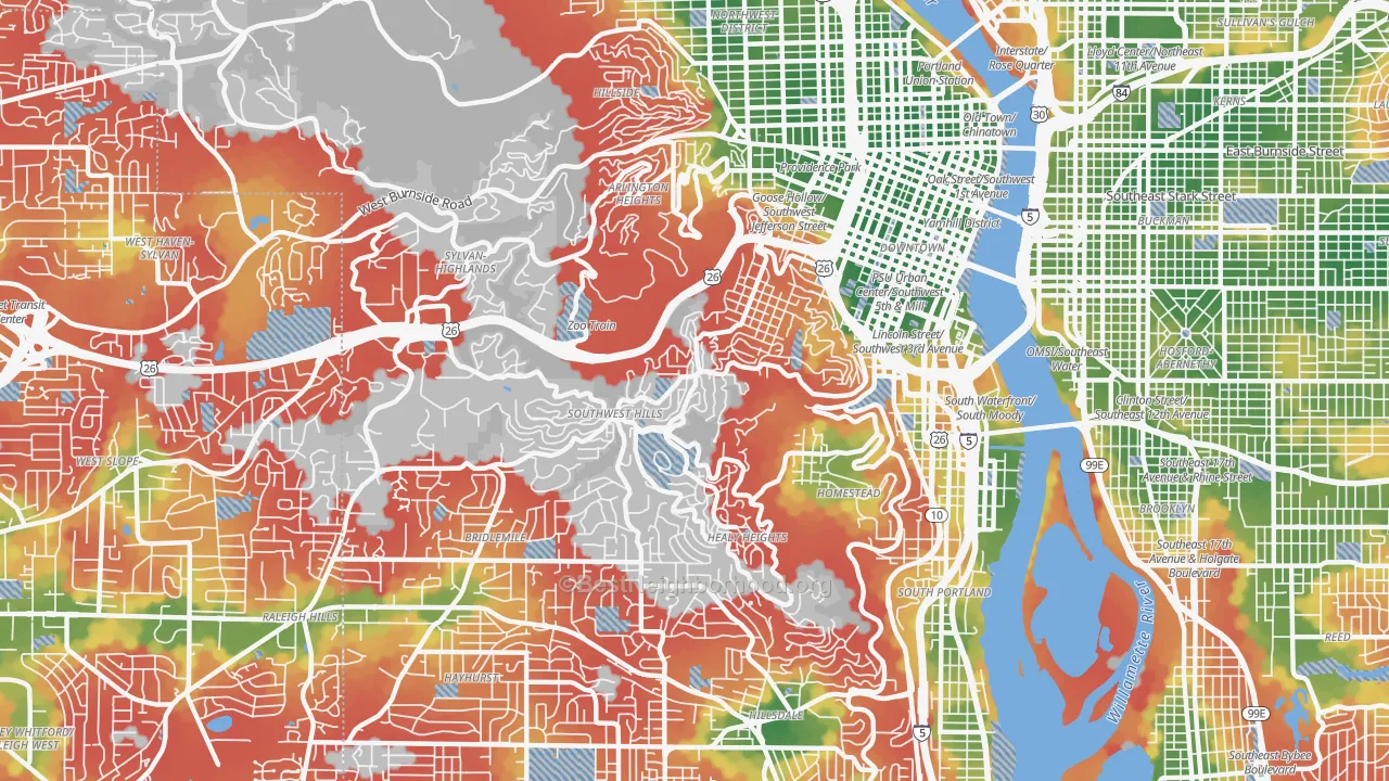 Walk Grade map of Southwest Hills, Portland, OR, walkable areas in green and car-dependent areas in red