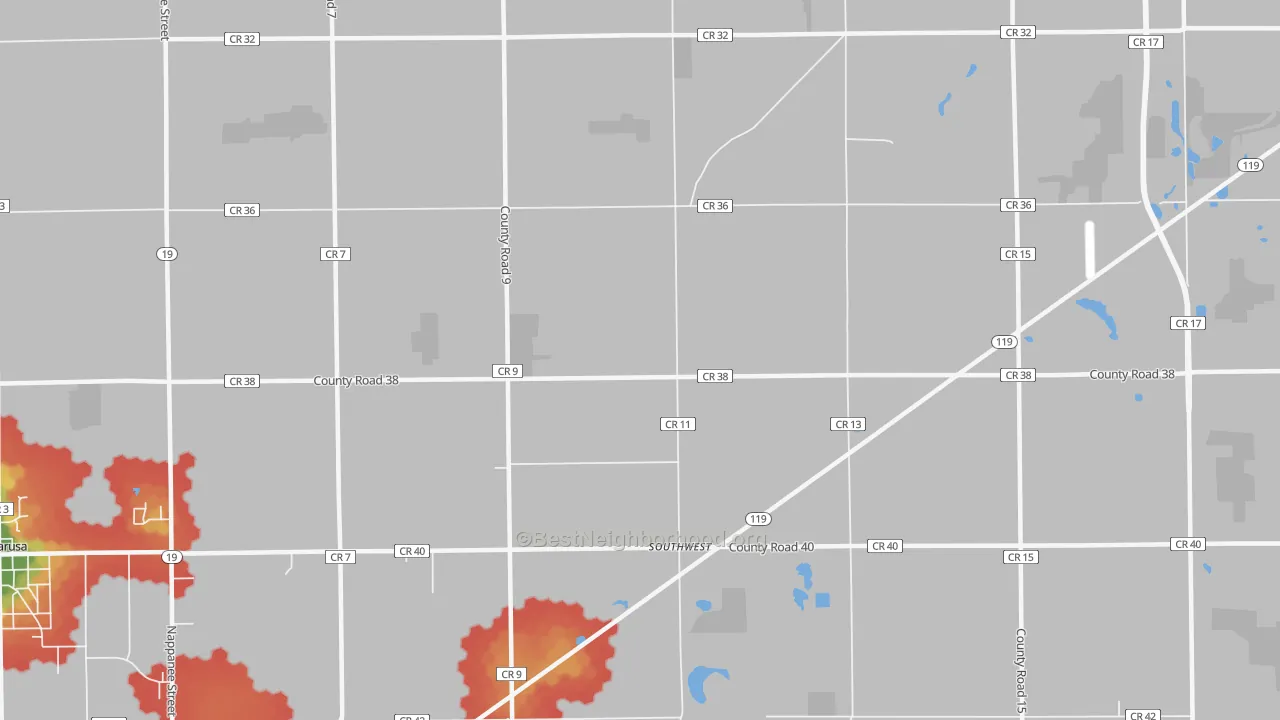 Walk Grade map of Southwest, IN, walkable areas in green and car-dependent areas in red