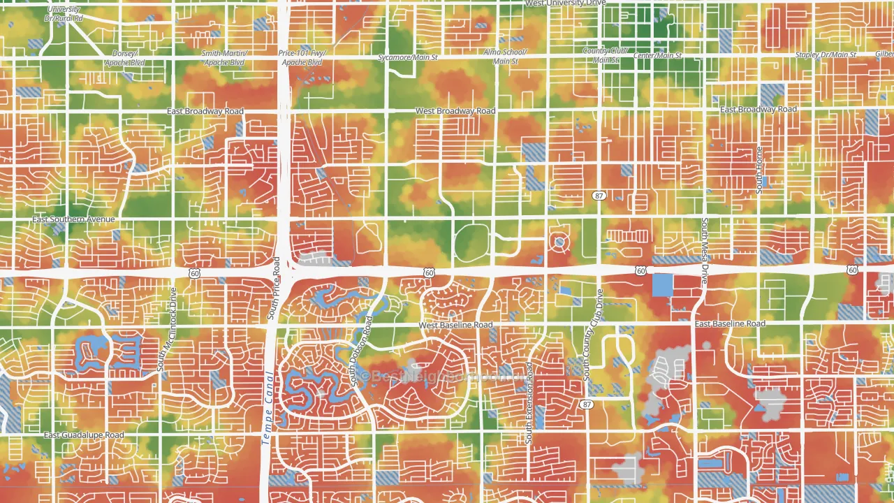 Walk Grade map of Southwest Mesa, Mesa, AZ, walkable areas in green and car-dependent areas in red