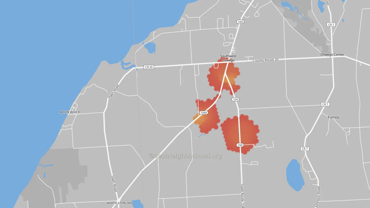 Walk Grade map of Southwest Oswego, NY, walkable areas in green and car-dependent areas in red