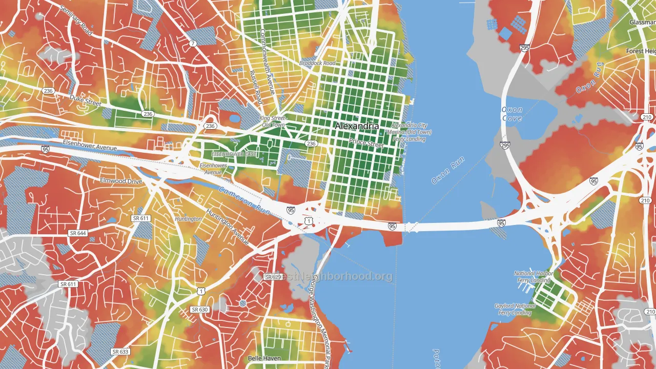 Walk Grade map of Southwest Quadrant, Alexandria, VA, walkable areas in green and car-dependent areas in red