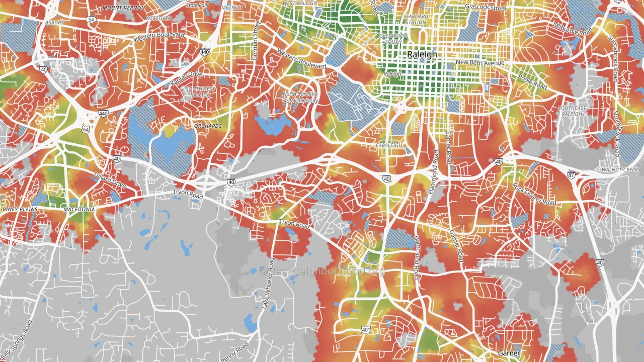 Walk Grade map of Southwest Raleigh, Raleigh, NC, walkable areas in green and car-dependent areas in red