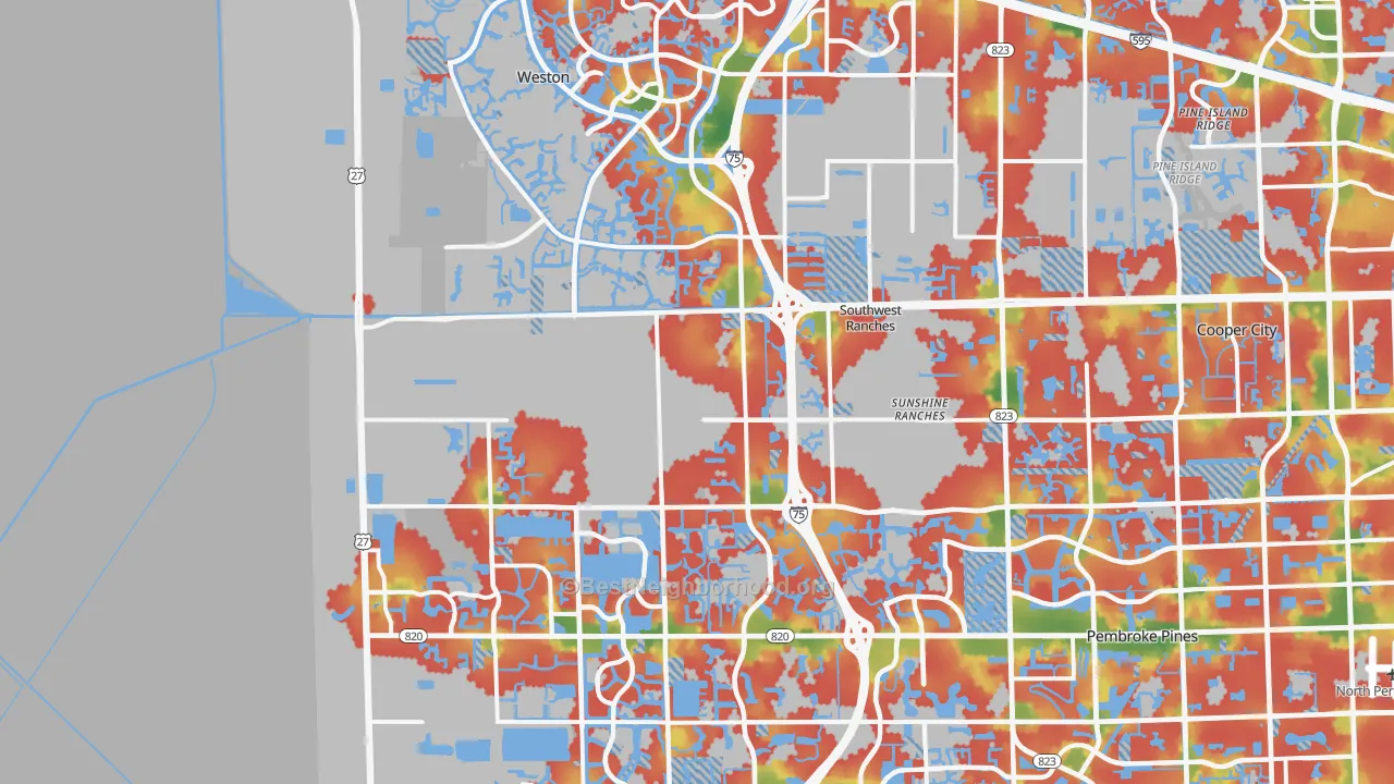 Walk Grade map of Southwest Ranches, FL, walkable areas in green and car-dependent areas in red