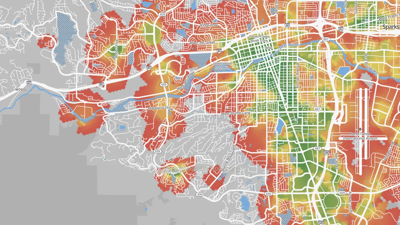 Walk Grade map of Southwest, Reno, NV, walkable areas in green and car-dependent areas in red