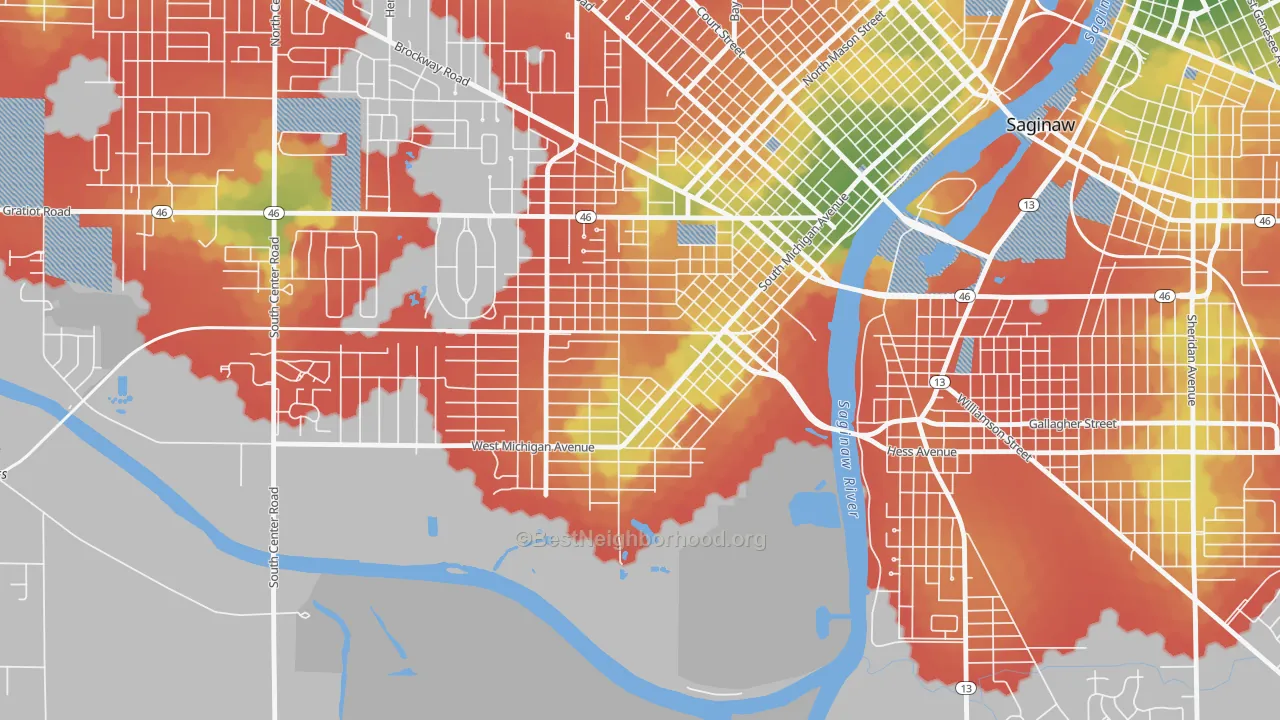 Walk Grade map of Southwest Saginaw, Saginaw, MI, walkable areas in green and car-dependent areas in red