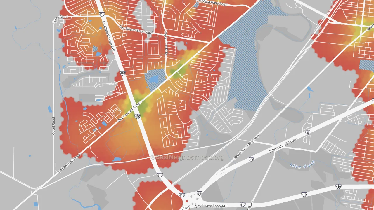Walk Grade map of Southwest, San Antonio, TX, walkable areas in green and car-dependent areas in red