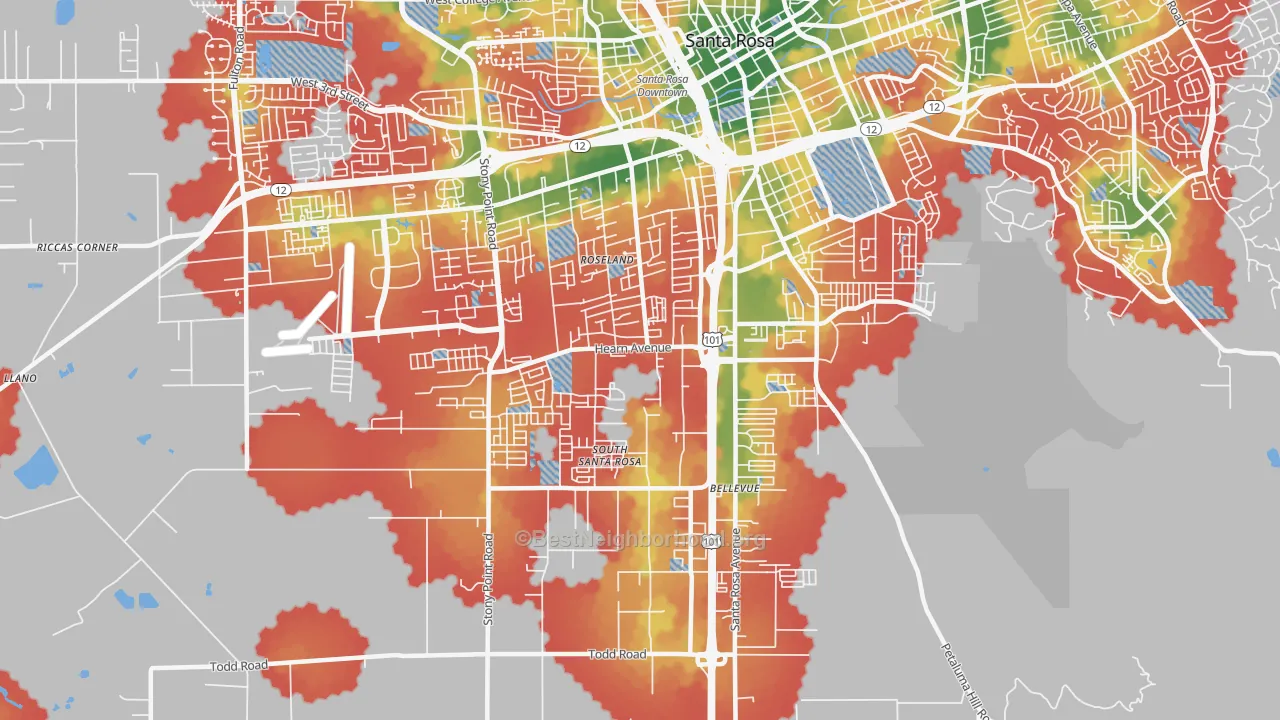 Walk Grade map of SouthWest Santa Rosa, Santa Rosa, CA, walkable areas in green and car-dependent areas in red