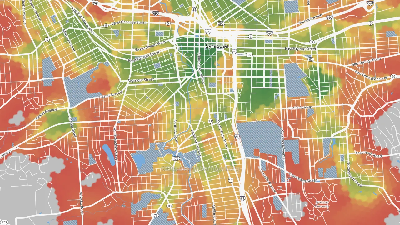 Walk Grade map of Southwest, Syracuse, NY, walkable areas in green and car-dependent areas in red