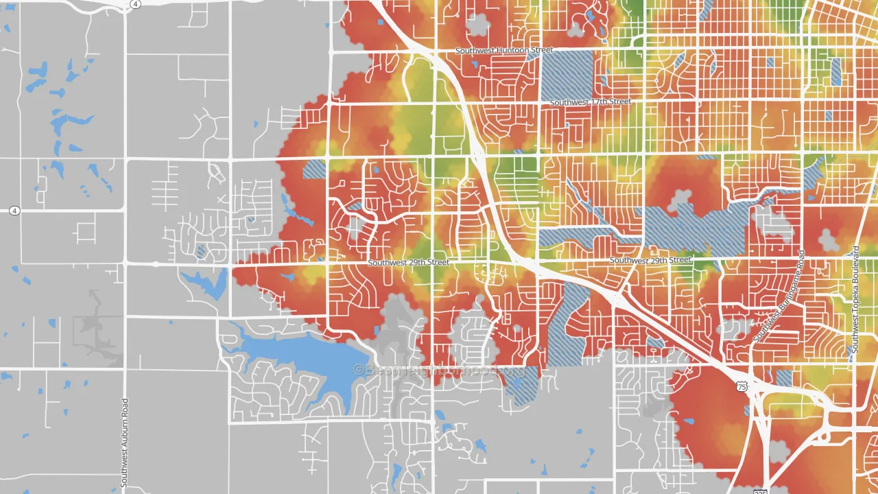 Walk Grade map of Southwest Topeka, Topeka, KS, walkable areas in green and car-dependent areas in red