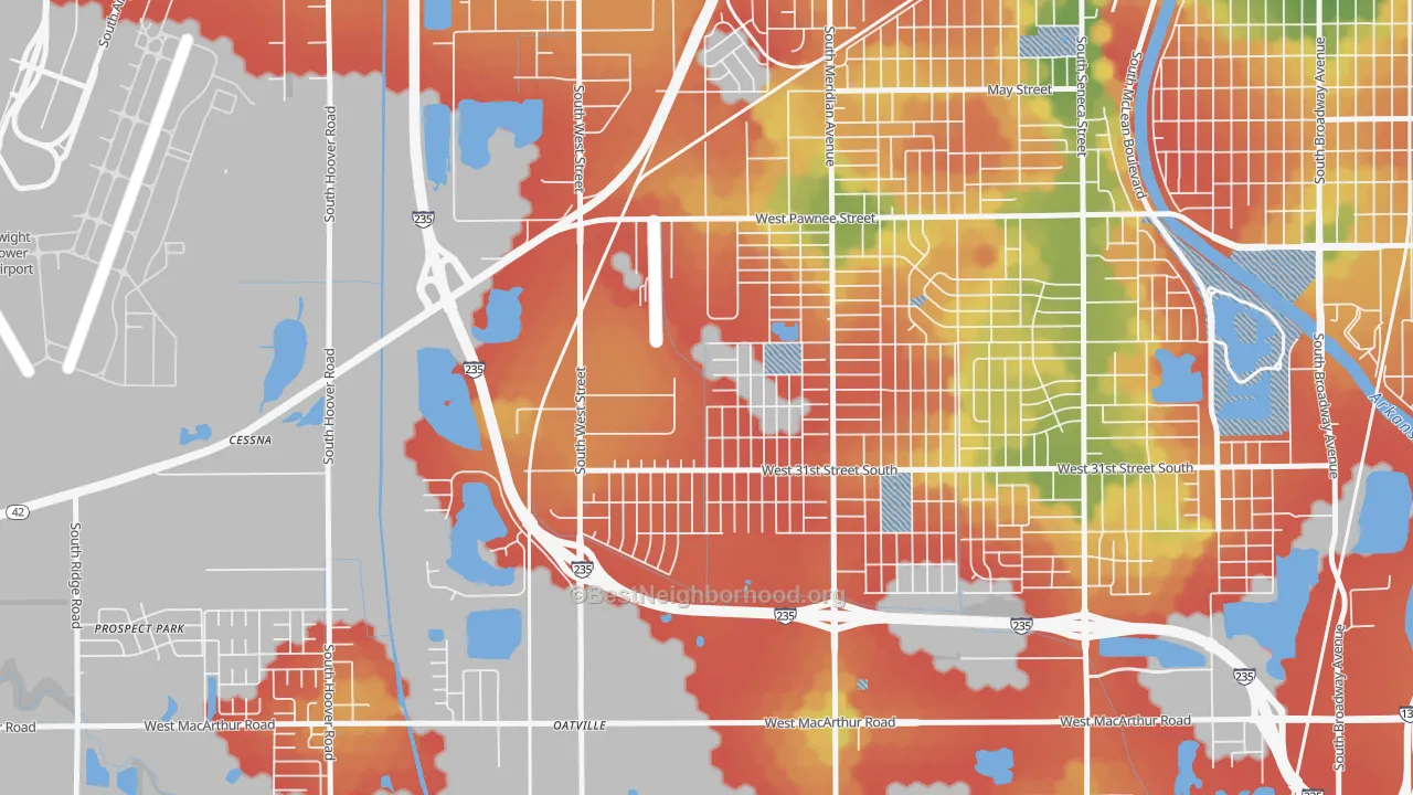 Walk Grade map of Southwest Village, Wichita, KS, walkable areas in green and car-dependent areas in red