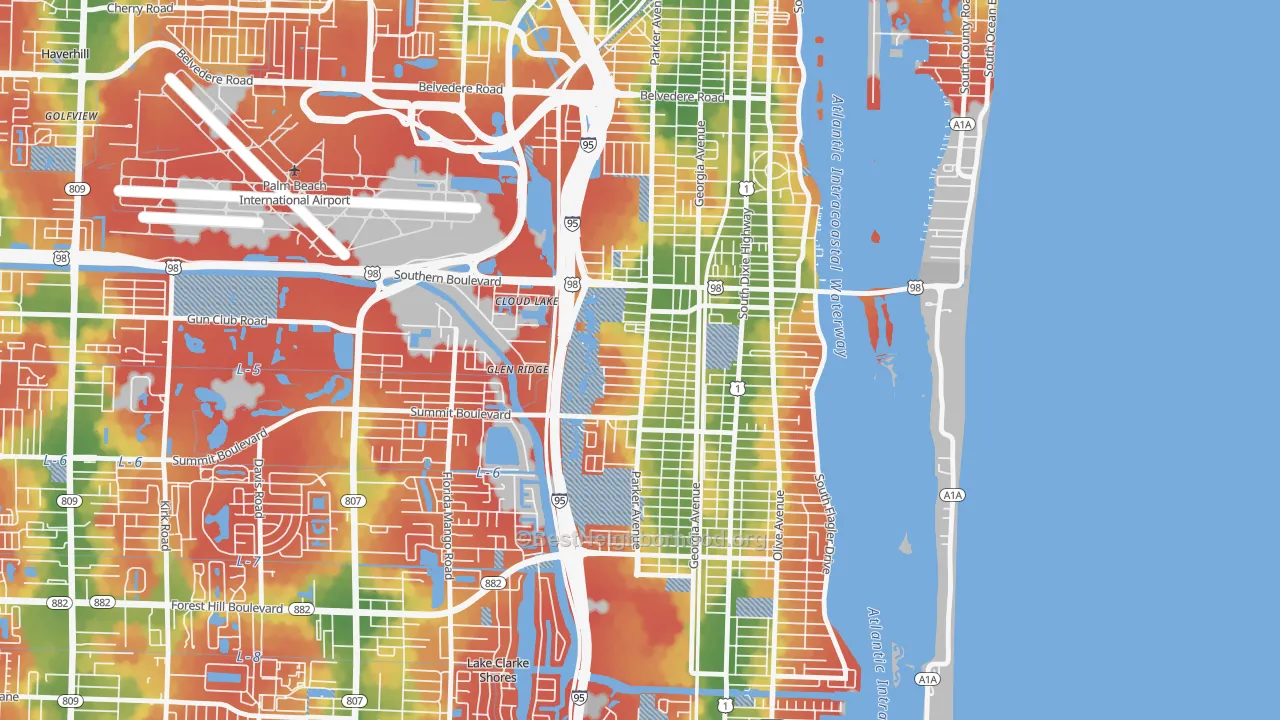 Walk Grade map of Southwest, West Palm Beach, FL, walkable areas in green and car-dependent areas in red