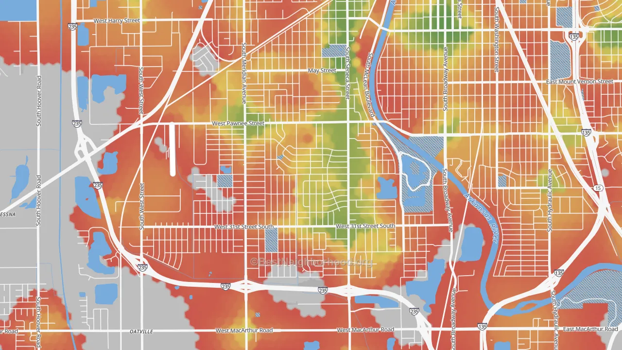 Walk Grade map of Southwest, Wichita, KS, walkable areas in green and car-dependent areas in red