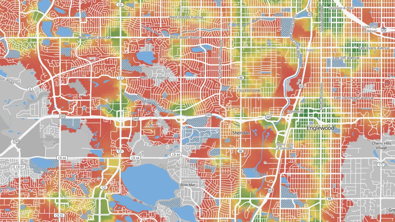 Walk Grade map of Southwestern Denver, Denver, CO, walkable areas in green and car-dependent areas in red
