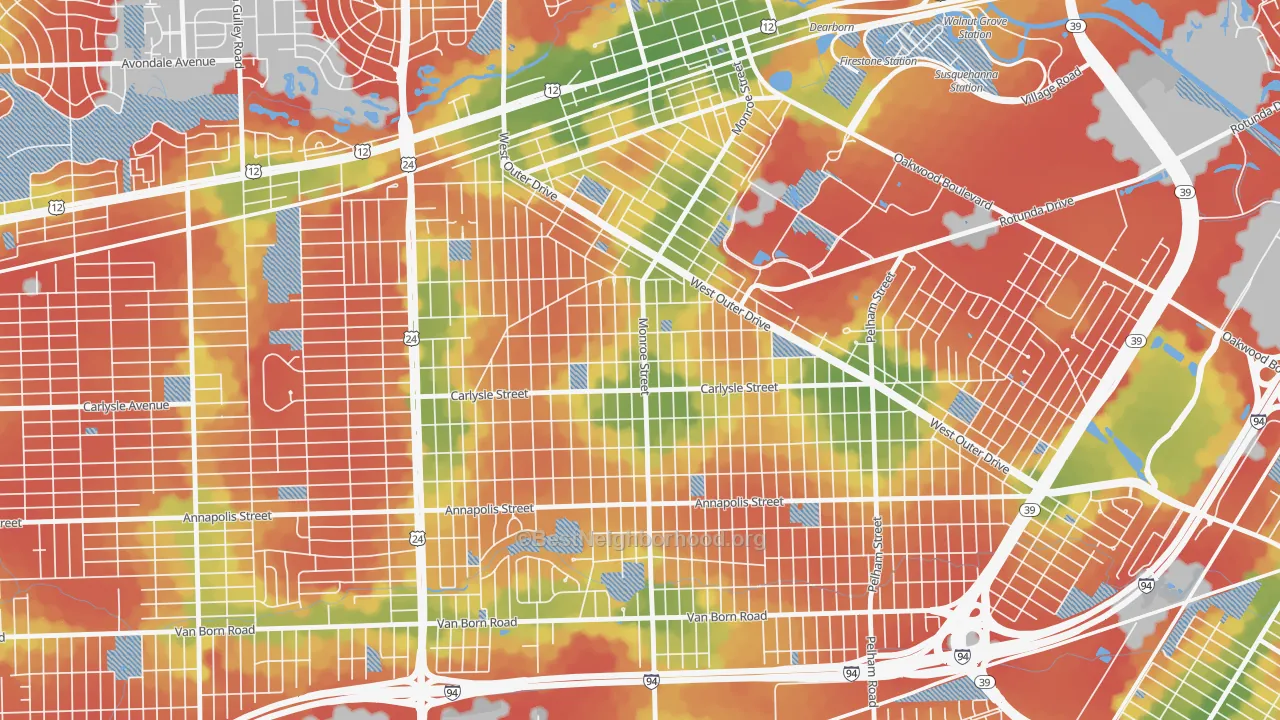 Walk Grade map of Southwestern Outer Drive, Dearborn, MI, walkable areas in green and car-dependent areas in red