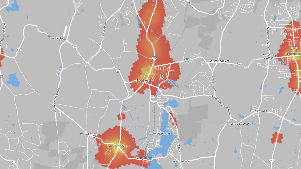 Walk Grade map of Southwick, MA, walkable areas in green and car-dependent areas in red