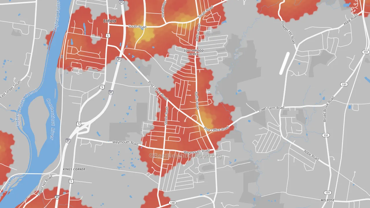 Walk Grade map of Southwood Acres, CT, walkable areas in green and car-dependent areas in red