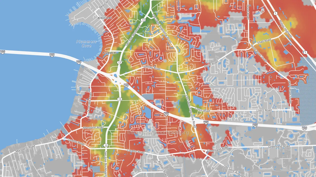 Walk Grade map of Southwood, Jacksonville, FL, walkable areas in green and car-dependent areas in red