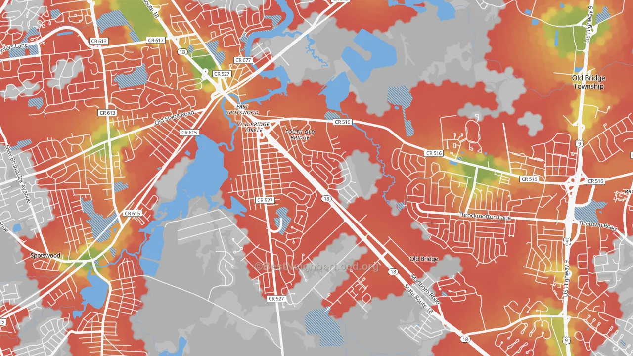 Walk Grade map of Southwood, Old Bridge, NJ, walkable areas in green and car-dependent areas in red