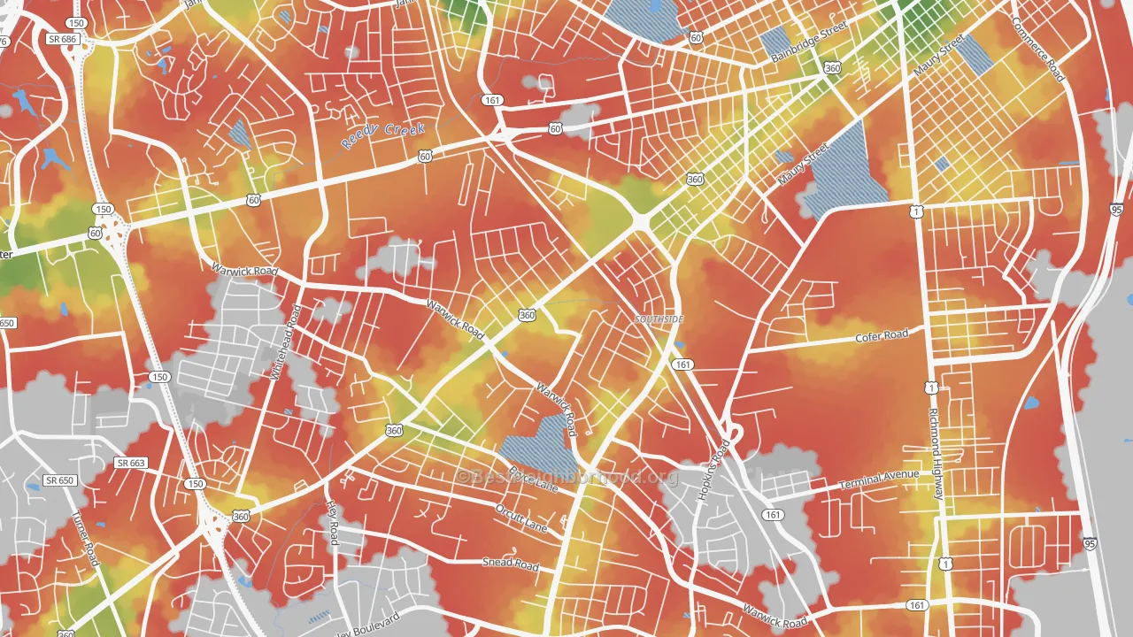 Walk Grade map of Southwood, Richmond, VA, walkable areas in green and car-dependent areas in red