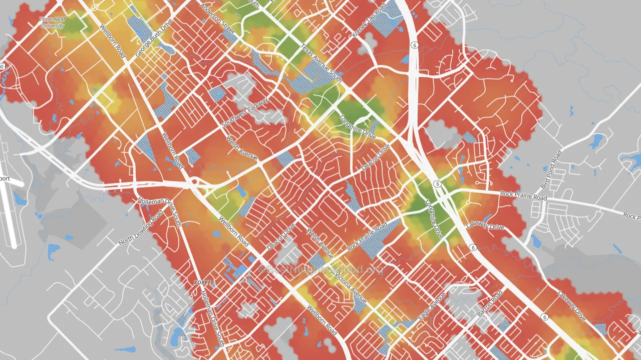 Walk Grade map of Southwood Valley, College Station, TX, walkable areas in green and car-dependent areas in red