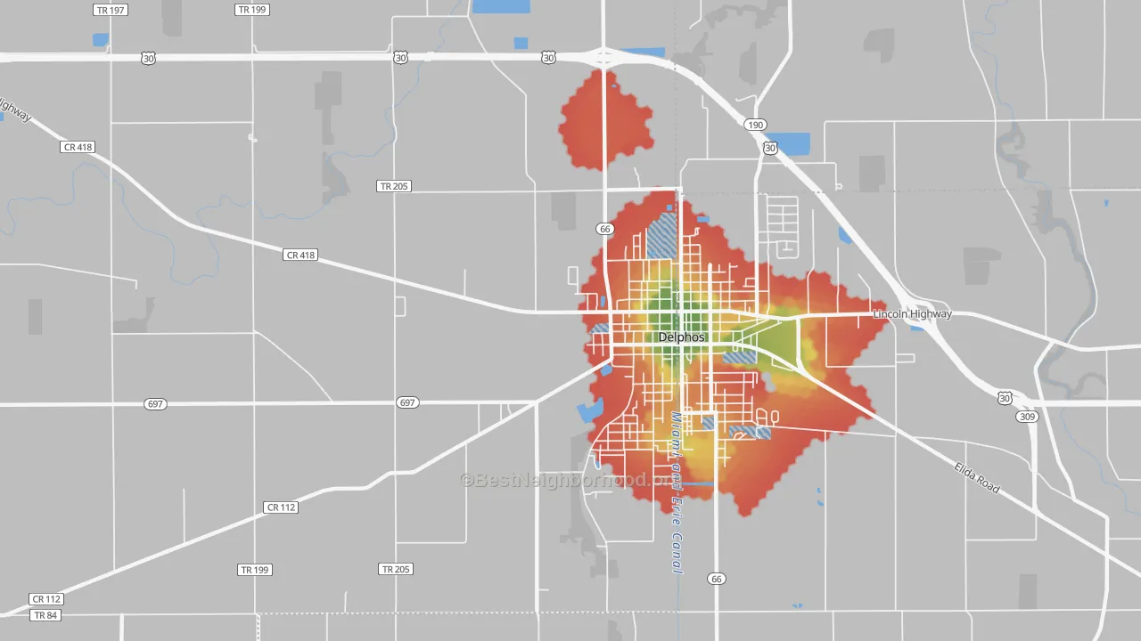 Walk Grade map of Southworth, OH, walkable areas in green and car-dependent areas in red