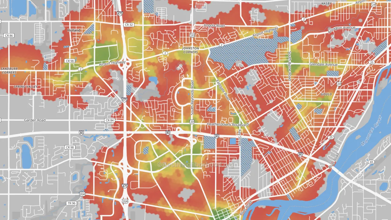 Walk Grade map of Southwyck, Toledo, OH, walkable areas in green and car-dependent areas in red