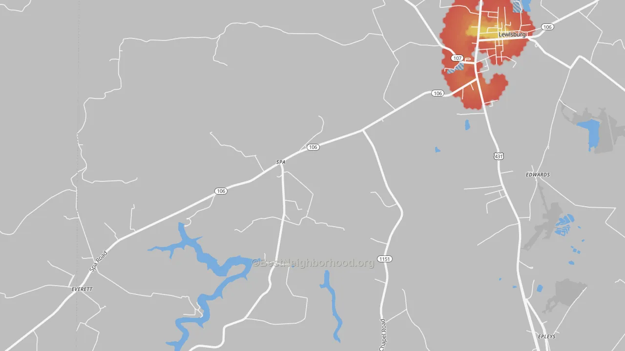 Walk Grade map of Spa, KY, walkable areas in green and car-dependent areas in red