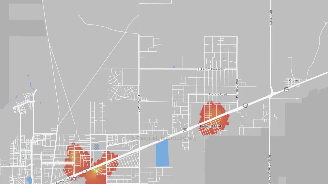 Walk Grade map of Spaceport City, NM, walkable areas in green and car-dependent areas in red