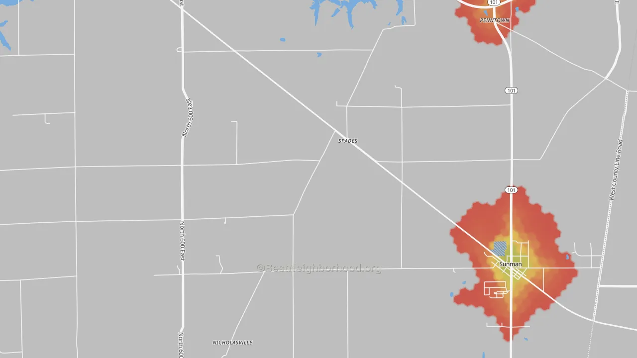 Walk Grade map of Spades, IN, walkable areas in green and car-dependent areas in red
