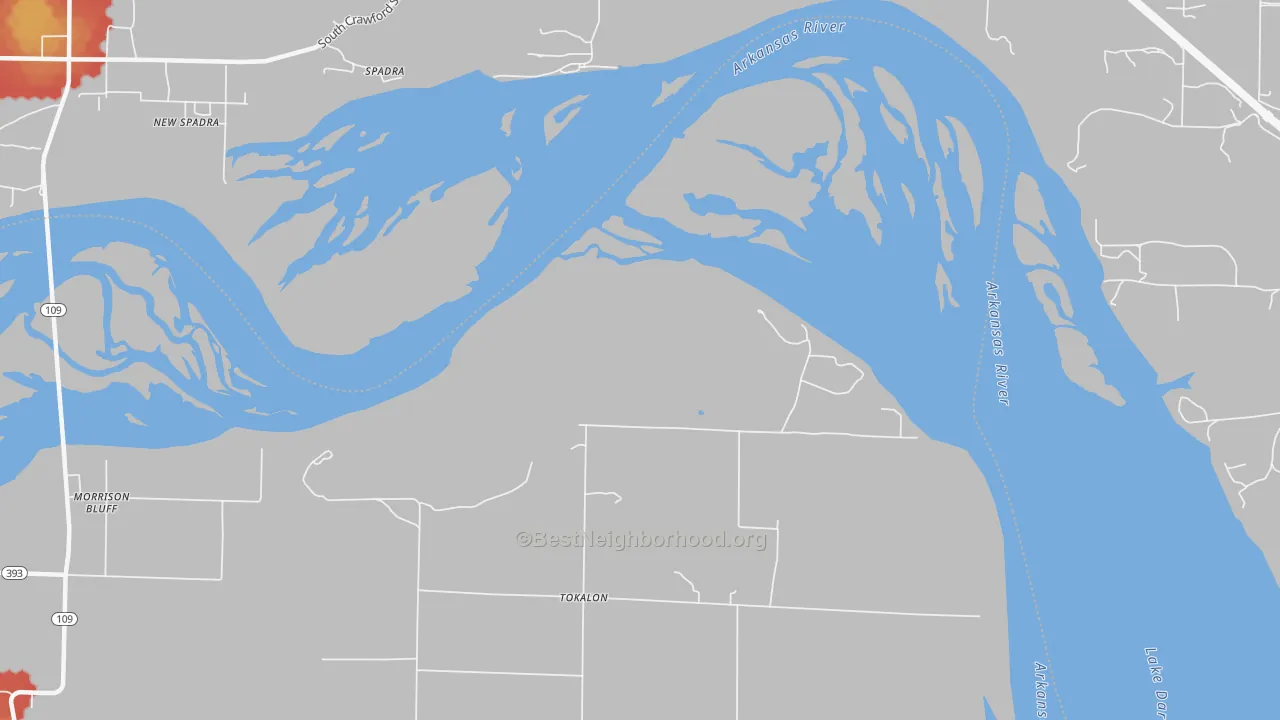 Walk Grade map of Spadra, AR, walkable areas in green and car-dependent areas in red